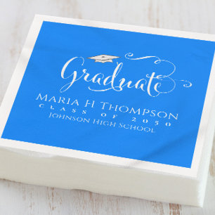 Blue Script Mortarboard Graduation Party Cocktail Napkin
