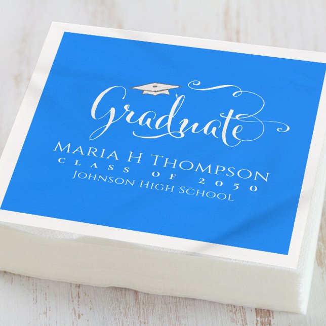 Blue Script Mortarboard Graduation Party Cocktail Napkin (Creator Uploaded)