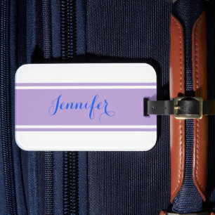 Blue Script Name, Lavender Stripes on White Luggage Tag