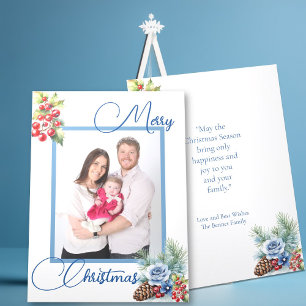 Blue Script on White & Berries Christmas Greeting Holiday Card