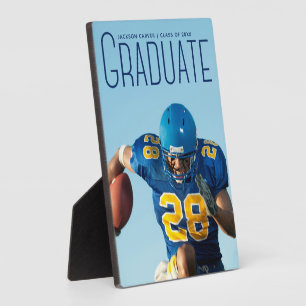 Blue Script Overlay Graduate Football Player Photo Plaque