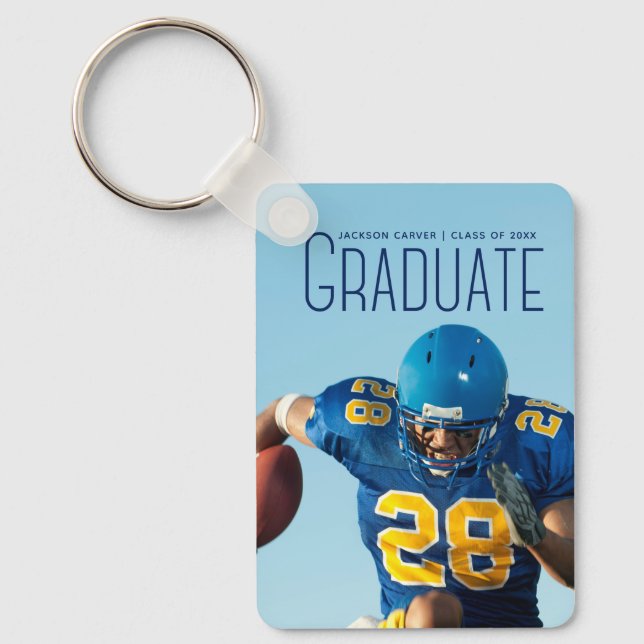 Blue Script Overlay Graduate Photo Football Player Key Ring (Front)