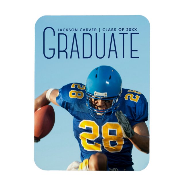 Blue Script Overlay Graduate Photo Football Player Magnet (Vertical)