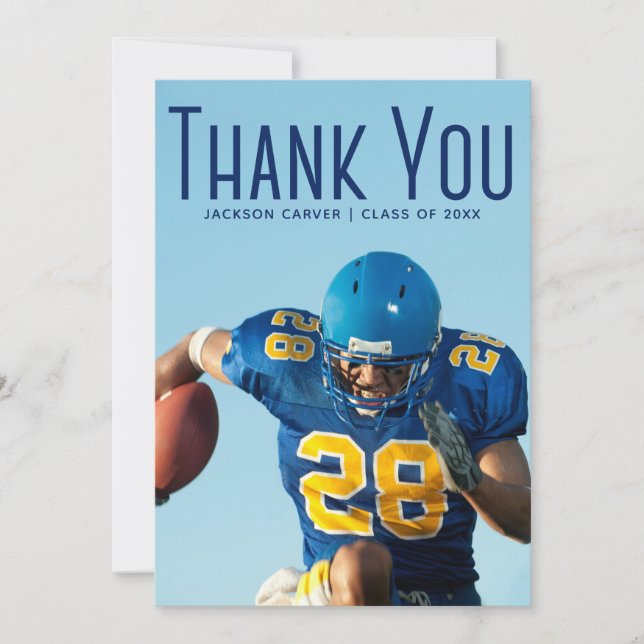 Blue Script Overlay Graduate Photo Football Player Thank You Card (Front)