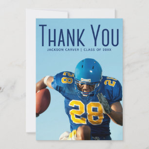 Blue Script Overlay Graduate Photo Football Player Thank You Card