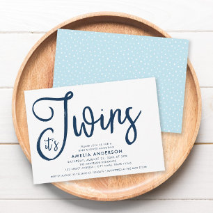 Blue Script & Pastel Blue It's Twins Baby Shower Invitation