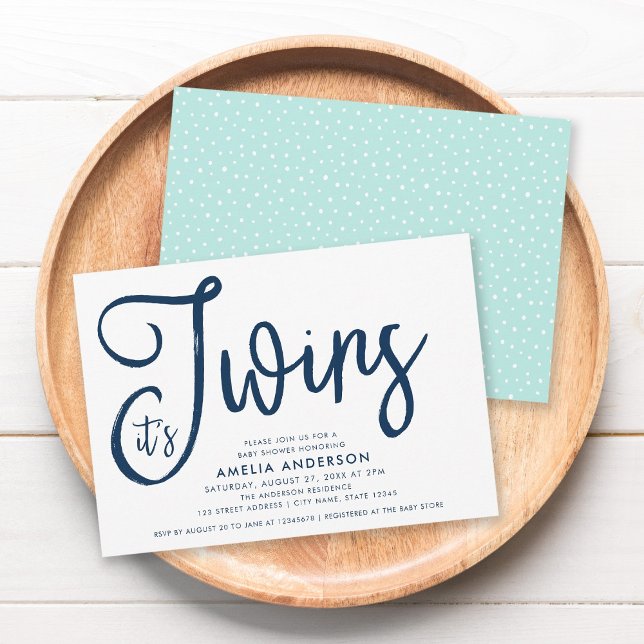 Blue Script & Pastel Mint It's Twins Baby Shower Invitation (Creator Uploaded)