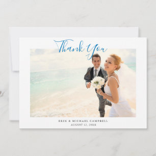 Blue Script Photo Beach Wedding Thank You Card