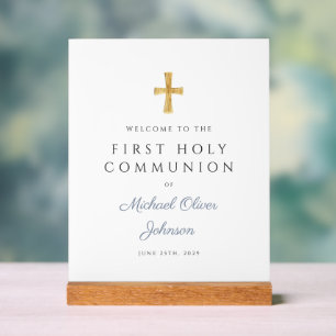 Blue Script Religious Boy First Communion Welcome Acrylic Sign