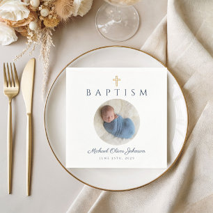 Blue Script Religious Cross Boy Baptism Photo  Napkin