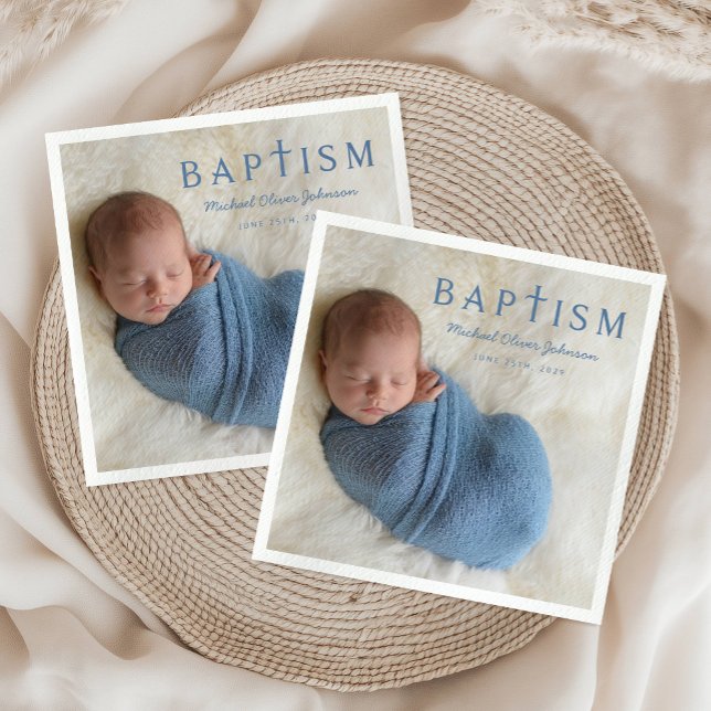 Blue Script Religious Cross Boy Baptism Photo Napkin (Modern Photo Religious Cross Boy Baptism Napkins)