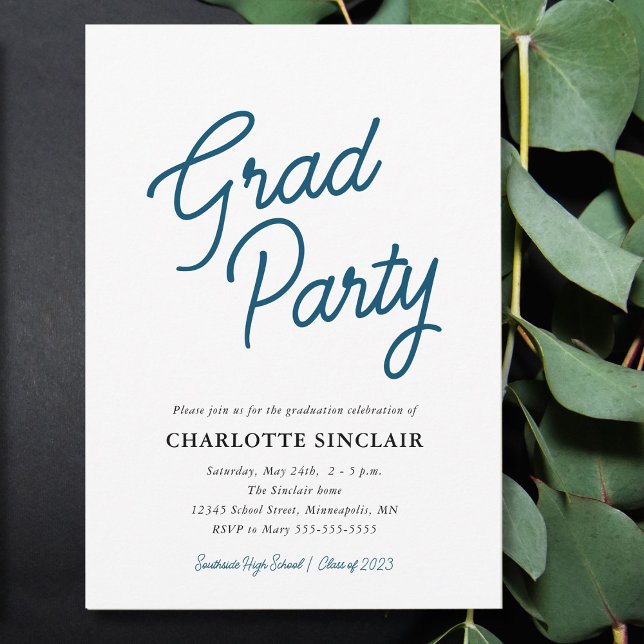 Blue Script Simple Budget Grad Party Invitation (Creator Uploaded)