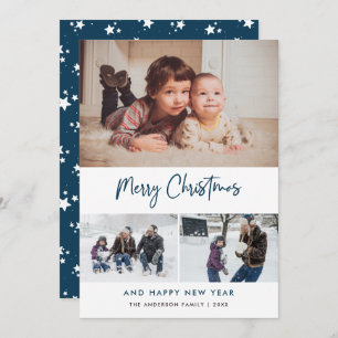Blue Script Stars Christmas 3 Photo Collage Holiday Card