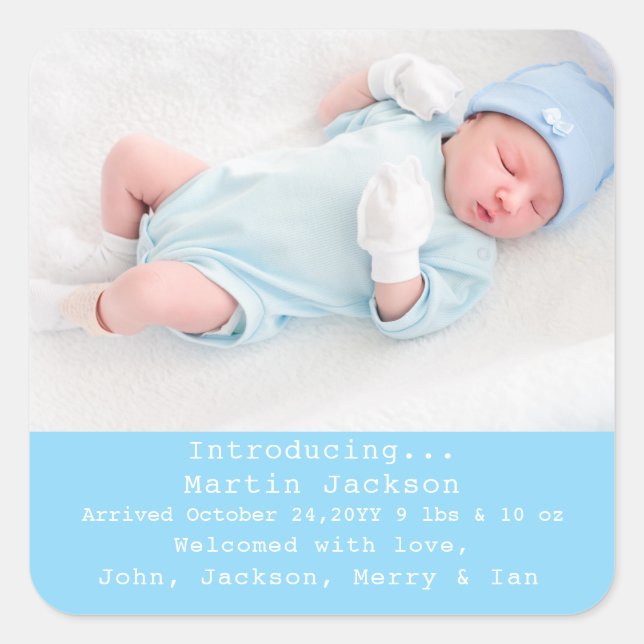 Blue Script Sweet Modern Boy Birth Photo  Square Sticker (Front)