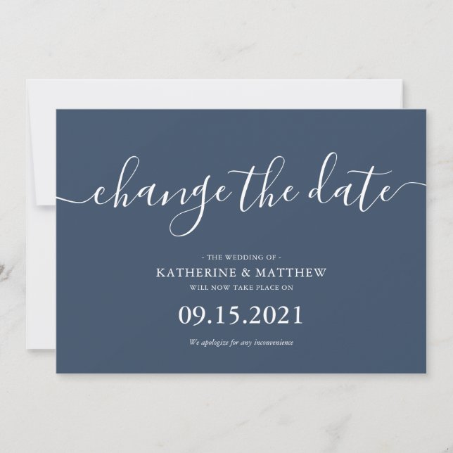 Blue Script Typography Change the Date Wedding Save The Date (Front)