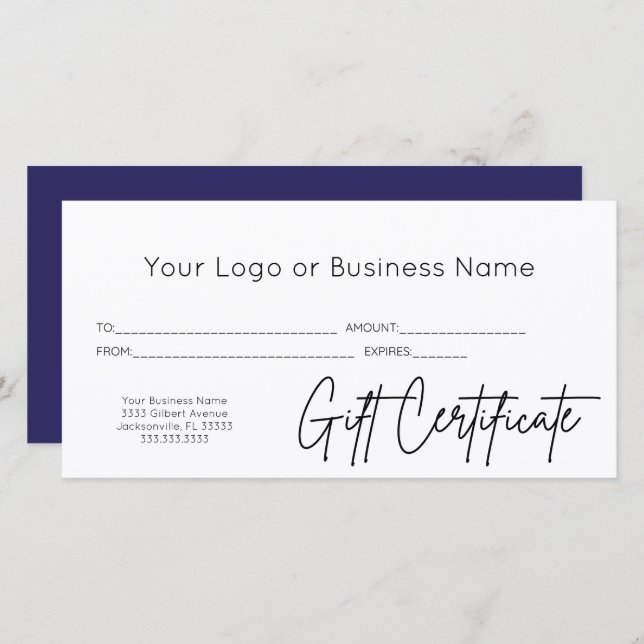 Blue Script Your Logo Business Gift Certificate (Front/Back)