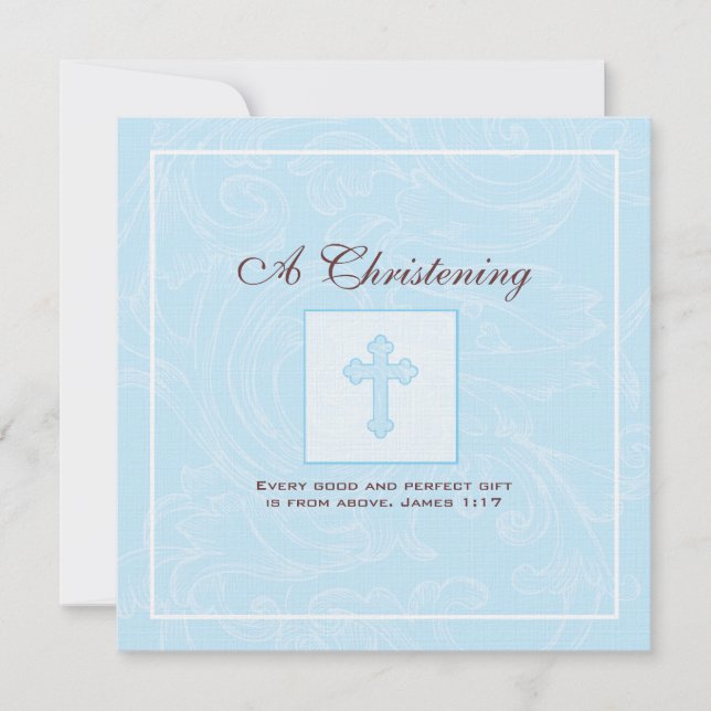Blue Scroll Boy Christening Invitation (Front)