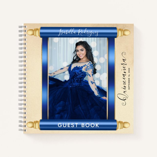Blue Scroll Photo Quinceañera Budget Guest Book (Front)