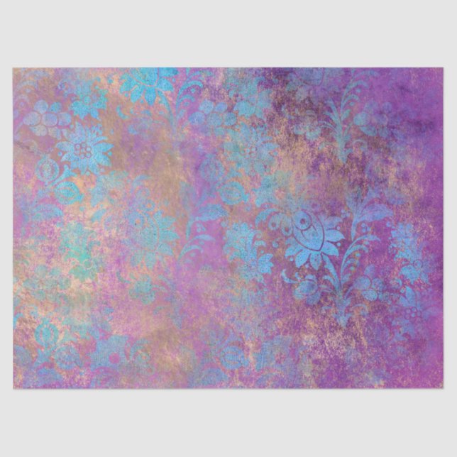 Blue Scroll Work Flowers on Purple Decoupage Tissue Paper (Front)