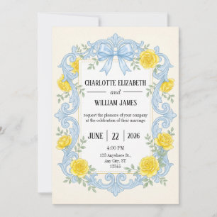 Blue Scrollwork Yellow Rose Wedding Invitation