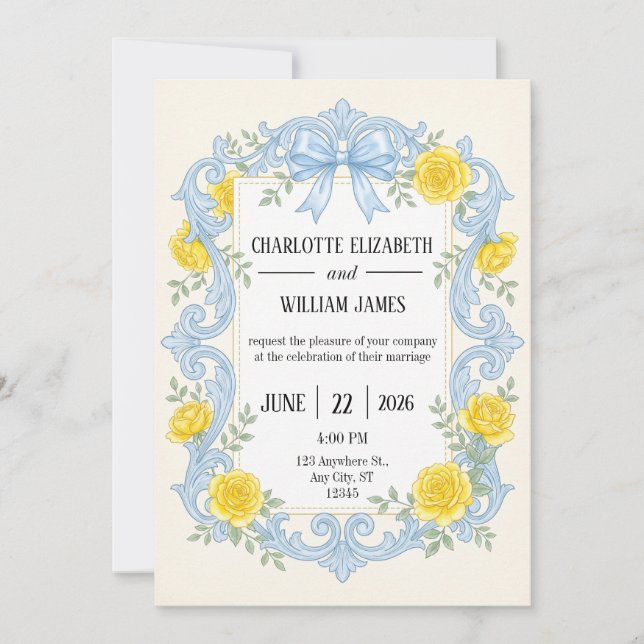 Blue Scrollwork Yellow Rose Wedding Invitation (Front)