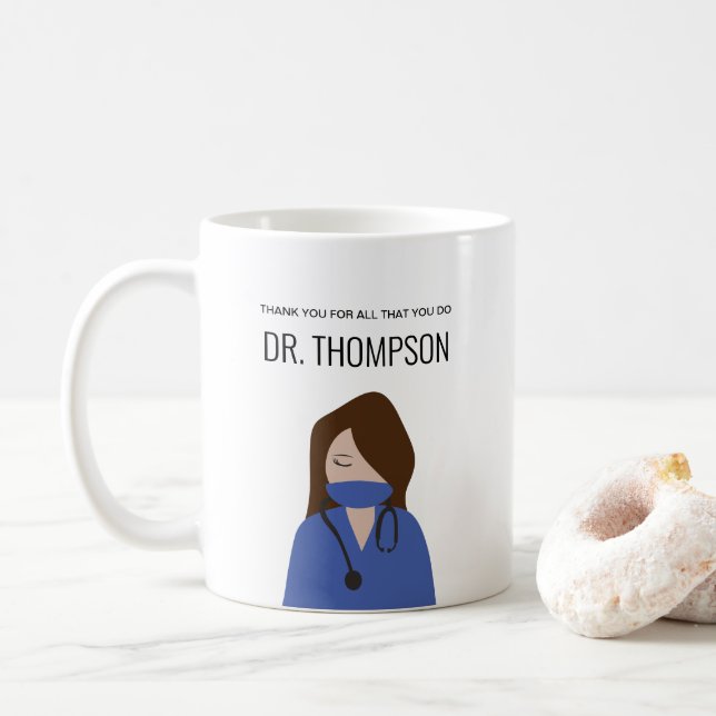 Blue scrubs Thank you Female Doctor illustration Coffee Mug (With Donut)