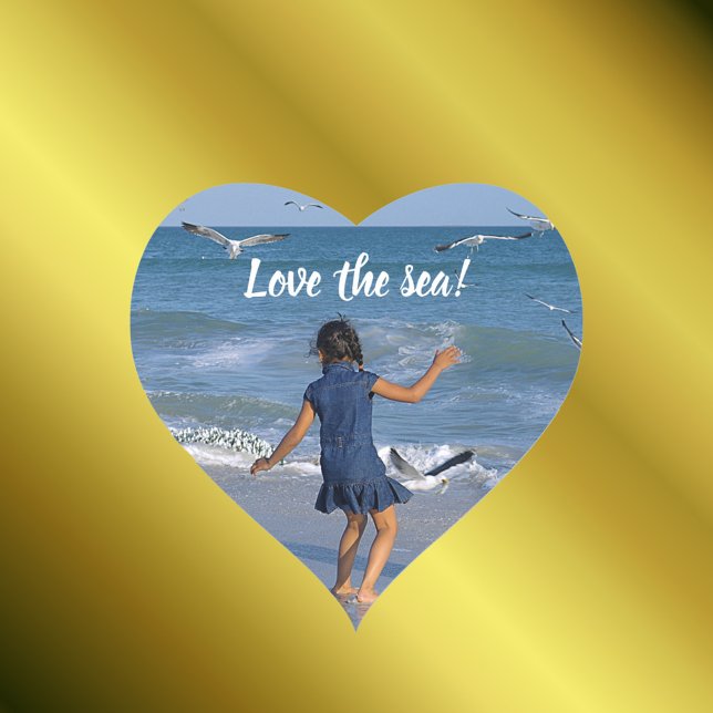 Blue Sea and Beach Joy Happy Dance Photo Text Heart Sticker (Front with Background)