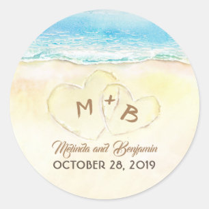 Blue Sea and Sand Heart Initials Wedding Classic Round Sticker