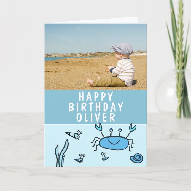 Blue Sea Animals Crab Shell Boy Birthday Photo Card (Front)
