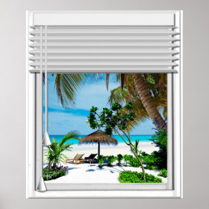 Blue Sea Beach View Fake Window With Blinds Poster