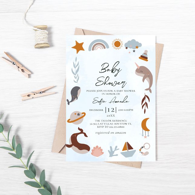 Blue Sea Boho Frame Baby Shower  Invitation (Creator Uploaded)