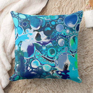 Blue Sea Bubbles Abstract Art Cushion