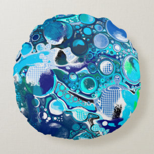 Blue Sea Bubbles Abstract Art Round Cushion