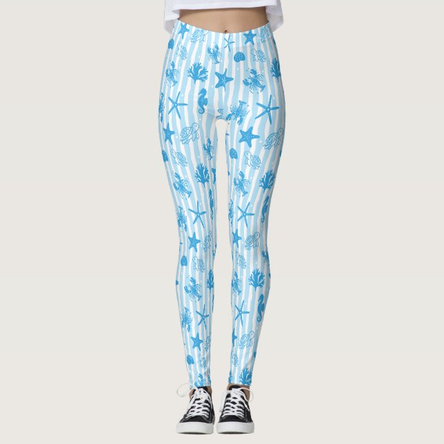 Blue Sea Creatures Nautical Doodle Pattern Leggings (Front)