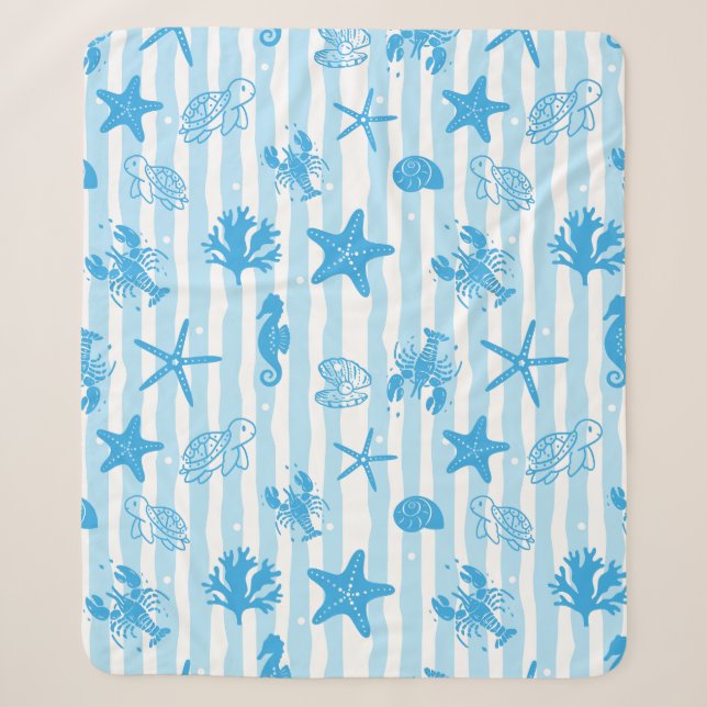 Blue Sea Creatures Nautical Doodle Pattern Sherpa Blanket (Front)