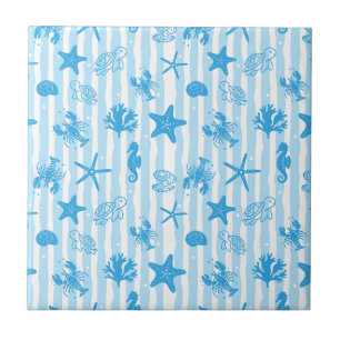 Blue Sea Creatures Nautical Doodle Pattern Tile