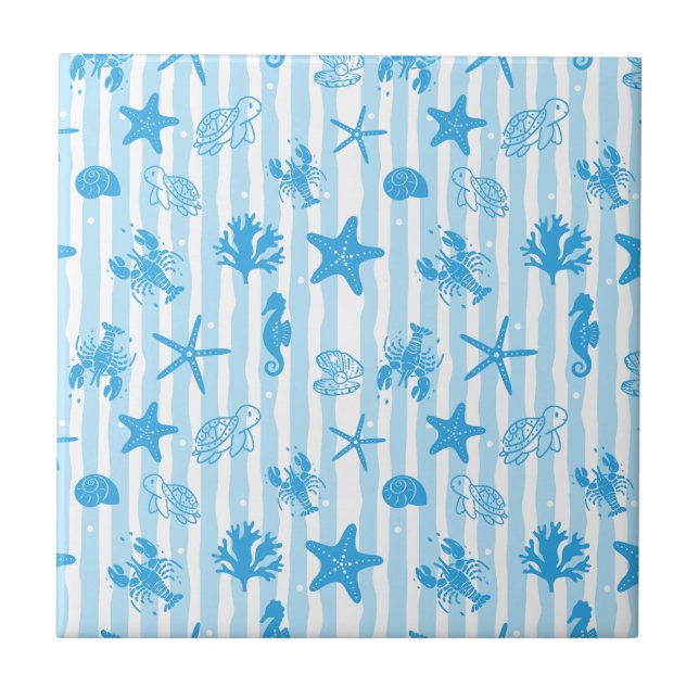Blue Sea Creatures Nautical Doodle Pattern Tile (Front)
