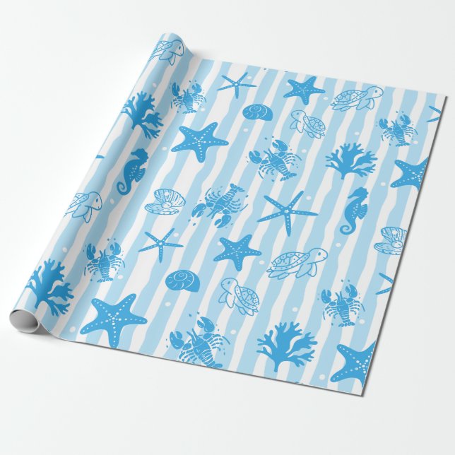 Blue Sea Creatures Nautical Doodle Pattern Wrapping Paper (Unrolled)