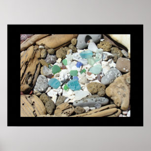 Blue Sea Glass art prints Seashells Driftwood Sea