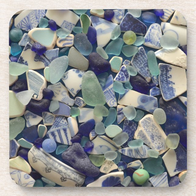 Blue sea glass, beach glass pottery photo coasters (Front)