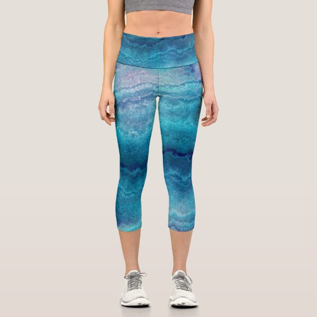 Blue Sea Green Agate Texture Capri Leggings (Front)