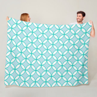Blue, sea green and white petals circles diamonds fleece blanket
