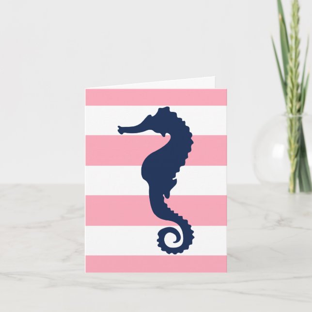 Blue Sea Horse on Pink Stripes Card (Front)
