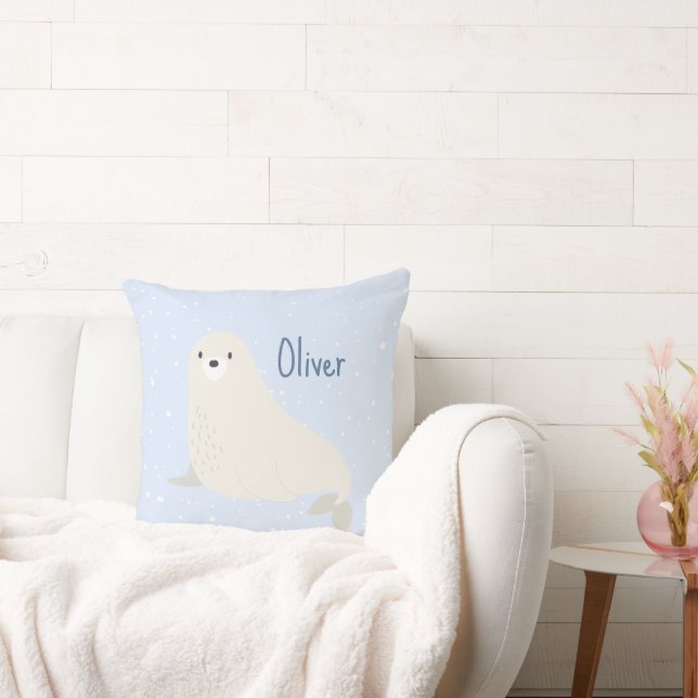 Blue Sea Lion Arctic Animal Nursery Monogram Name Cushion (Couch)