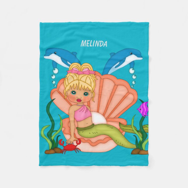 Blue Sea Mermaid and Dolphin Fleece Blanket (Front)