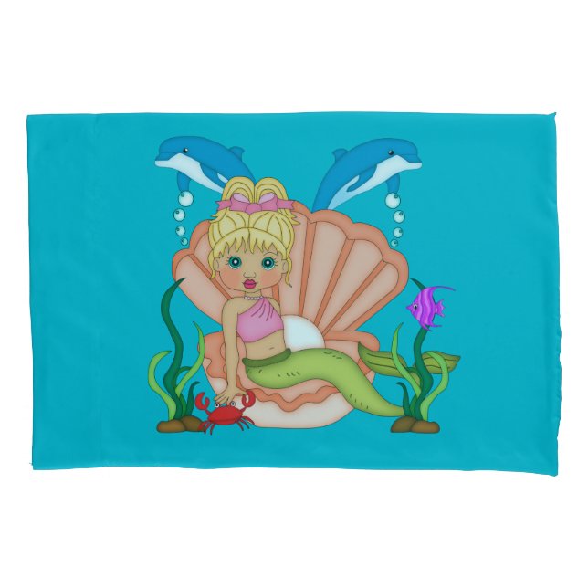 Blue Sea Mermaid and Dolphin Pillowcase (Front)