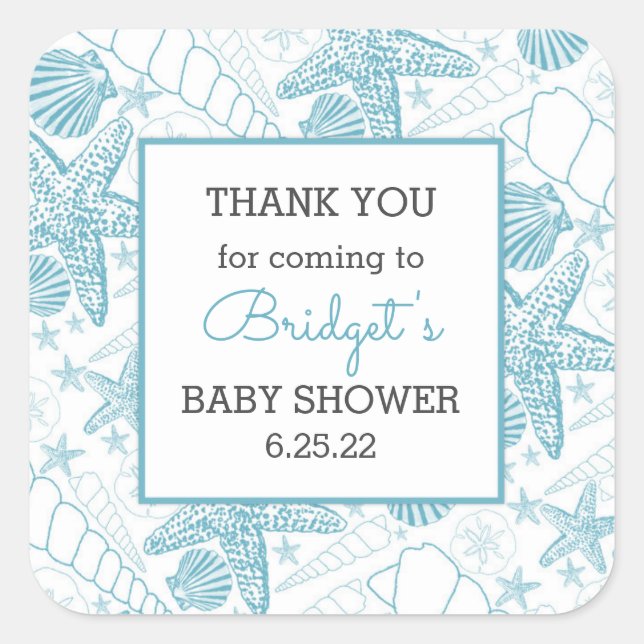 Blue Sea Shells baby shower favour thank you Square Sticker (Front)