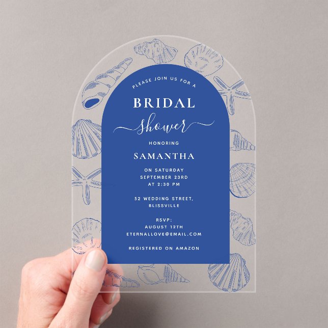 Blue Sea Shells Beach Summer Arch Bridal Shower  Acrylic Invitations (Insitu (Handheld))