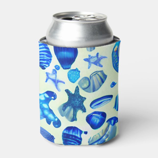 Blue Sea Shells Ocean Pattern Can Cooler (Can Front)