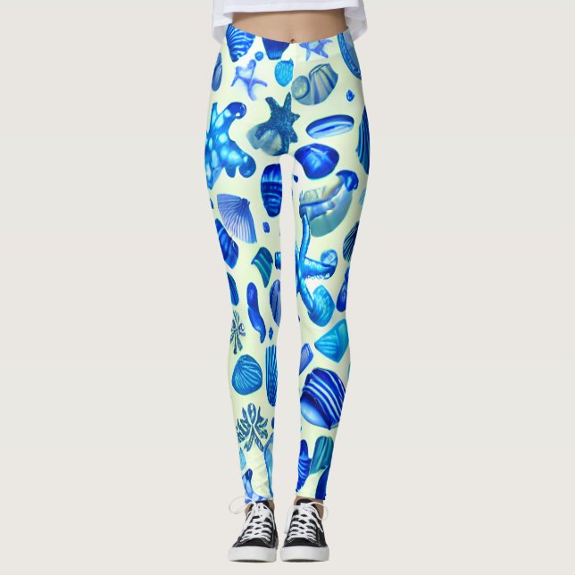 Blue Sea Shells Ocean Pattern Leggings (Front)
